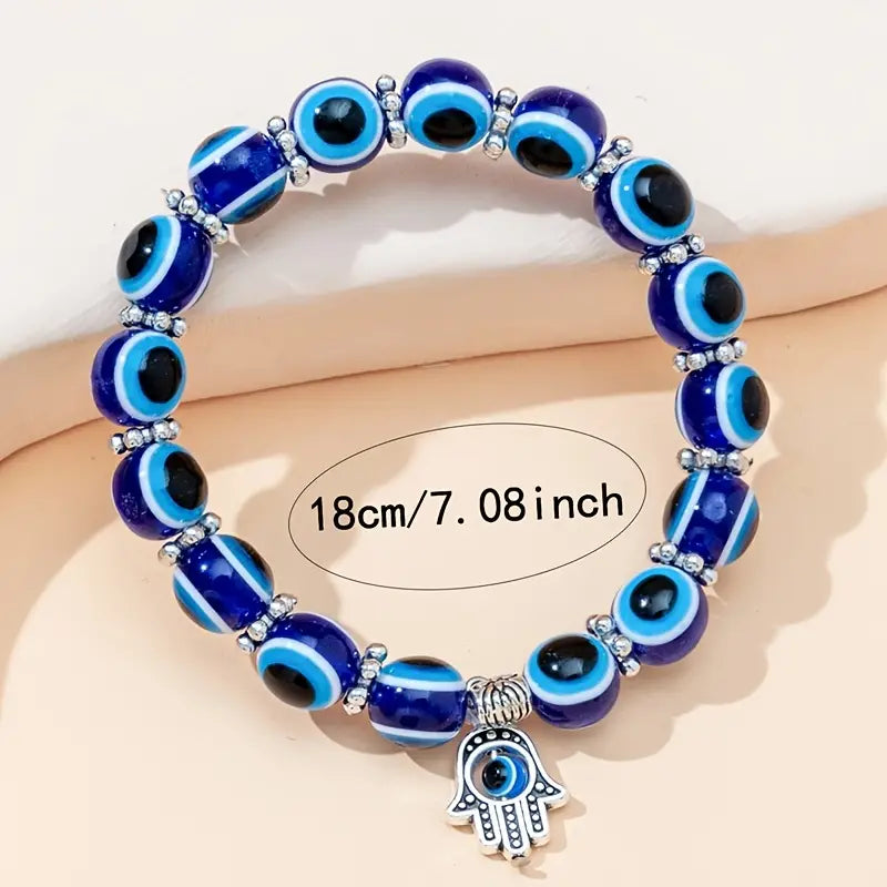 Pulsera de cuentas de ojo malvado azul con dije de mano, estilo bohemio, joyería elástica ajustable para protección y buena suerte.