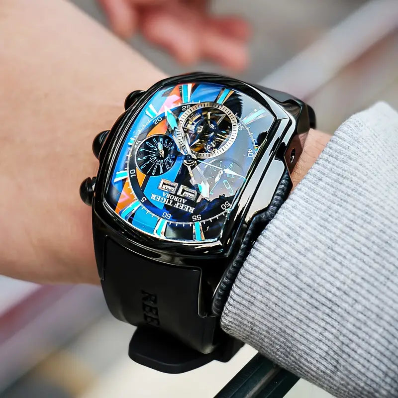 Reloj Deportivo Para Hombres De Reef Tiger, Esfera Azul Con Visualización Analógica Y Correa De Goma Luminosa