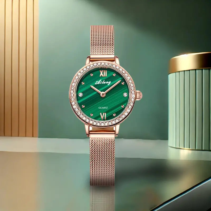 Elegante reloj de pulsera de cuarzo para mujeres con acentos de diamante, caja de aleación de zinc redonda, banda de aleación electrónica, pantalla de puntero - Esfera verde