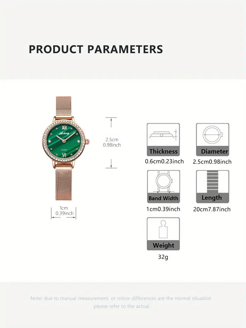 Elegante reloj de pulsera de cuarzo para mujeres con acentos de diamante, caja de aleación de zinc redonda, banda de aleación electrónica, pantalla de puntero - Esfera verde