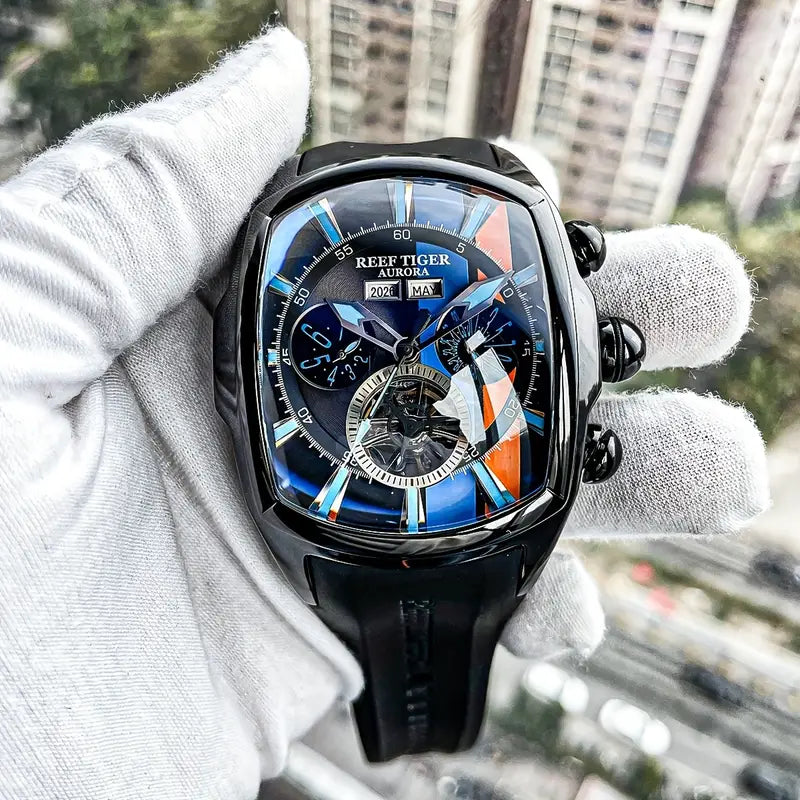 Reloj Deportivo Para Hombres De Reef Tiger, Esfera Azul Con Visualización Analógica Y Correa De Goma Luminosa