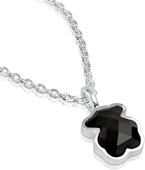 TOUS Collar de Plata de Primera Ley y Colgante de Oso de Onix para Mujer, 45cm de Largo, Elegante y Original, Colección Icon Color