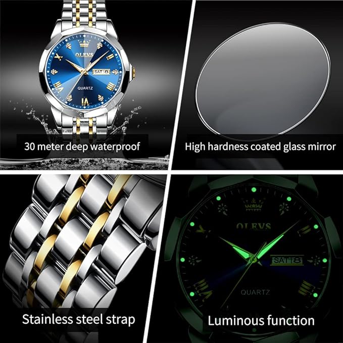 OLEVS Watch for Men Quartz Stainless Steel Waterproof Luminous Date Two Tone Casual Wrist Watch