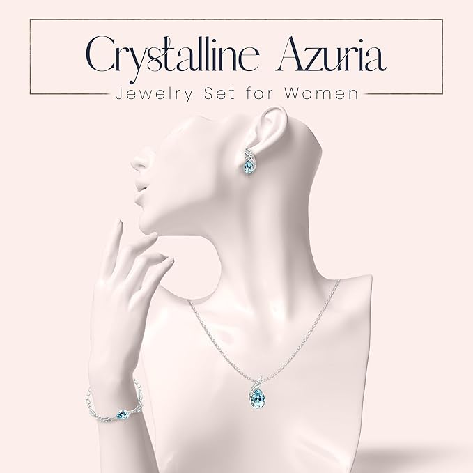 Crystalline Azuria Mujer 18ct Chapado en Oro Blanco Lágrimas Cristales Azul Aguamarina simulada Juego de joyas Collar Pendientes Pulsera para Mujer Niña Boda Novia y Dama de honor