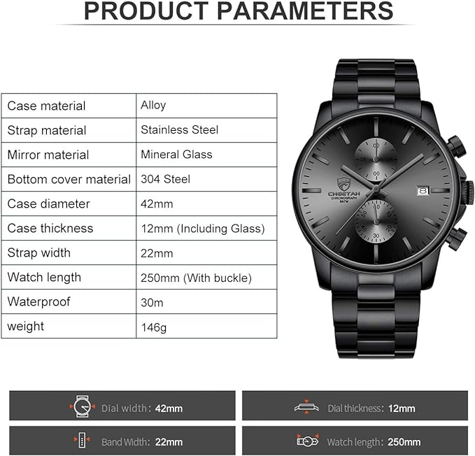 Affute Reloj de Cuarzo con cronógrafo de Acero Inoxidable y Metal, Resistente al Agua, con Fecha automática en manecillas Coloridas