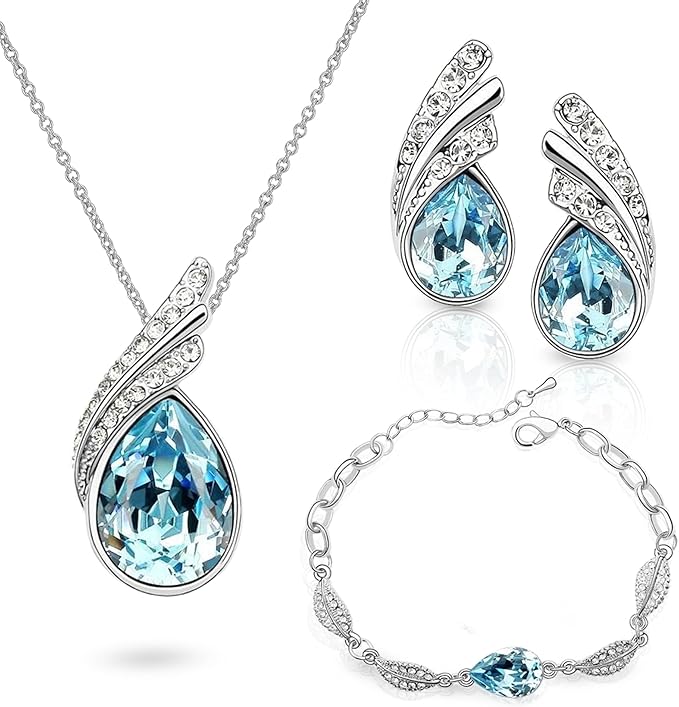 Crystalline Azuria Mujer 18ct Chapado en Oro Blanco Lágrimas Cristales Azul Aguamarina simulada Juego de joyas Collar Pendientes Pulsera para Mujer Niña Boda Novia y Dama de honor