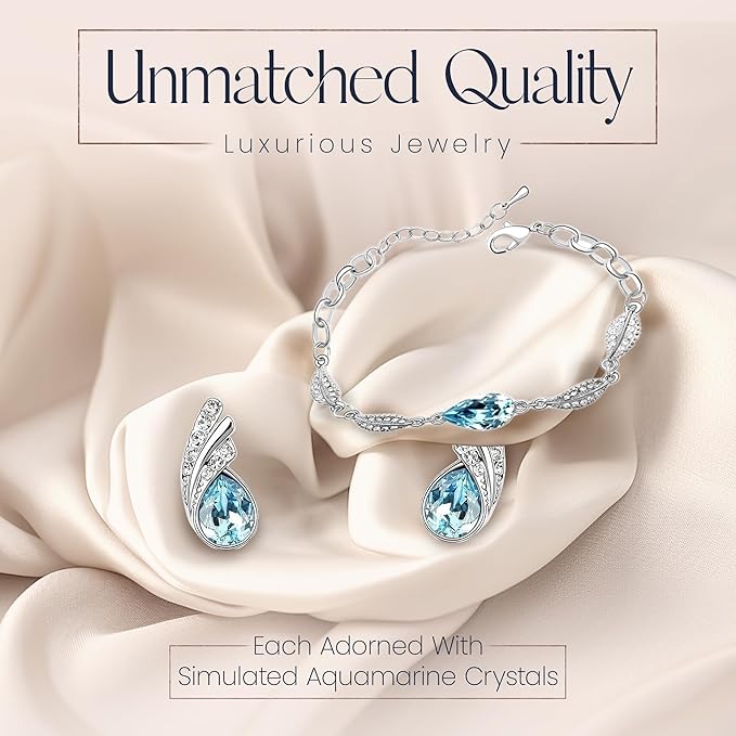 Crystalline Azuria Mujer 18ct Chapado en Oro Blanco Lágrimas Cristales Azul Aguamarina simulada Juego de joyas Collar Pendientes Pulsera para Mujer Niña Boda Novia y Dama de honor