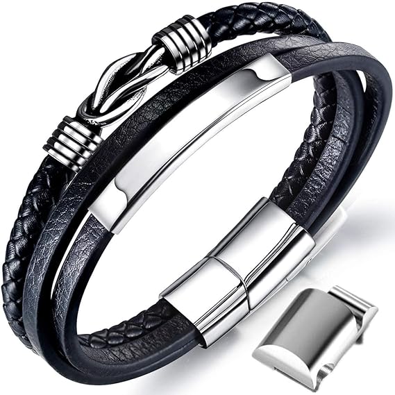 Gkmamrg Men's Black Leather Bracelet, Braided Genuine Leather Strap, Wide Screw-On Bracelet with Magnetic Clasp (Leather Bracelet with Extra Links)