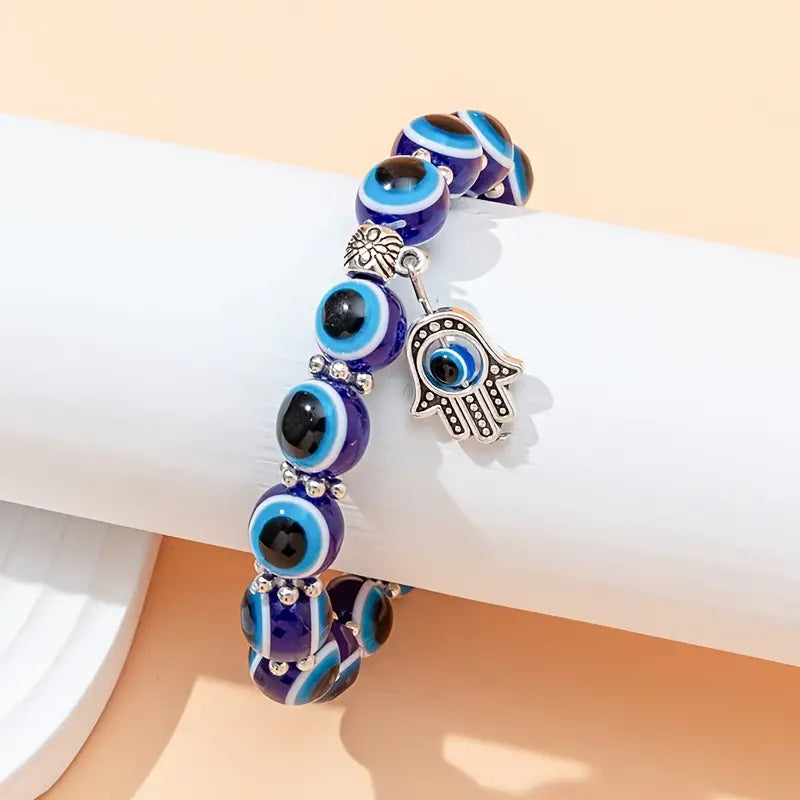 Pulsera de cuentas de ojo malvado azul con dije de mano, estilo bohemio, joyería elástica ajustable para protección y buena suerte.