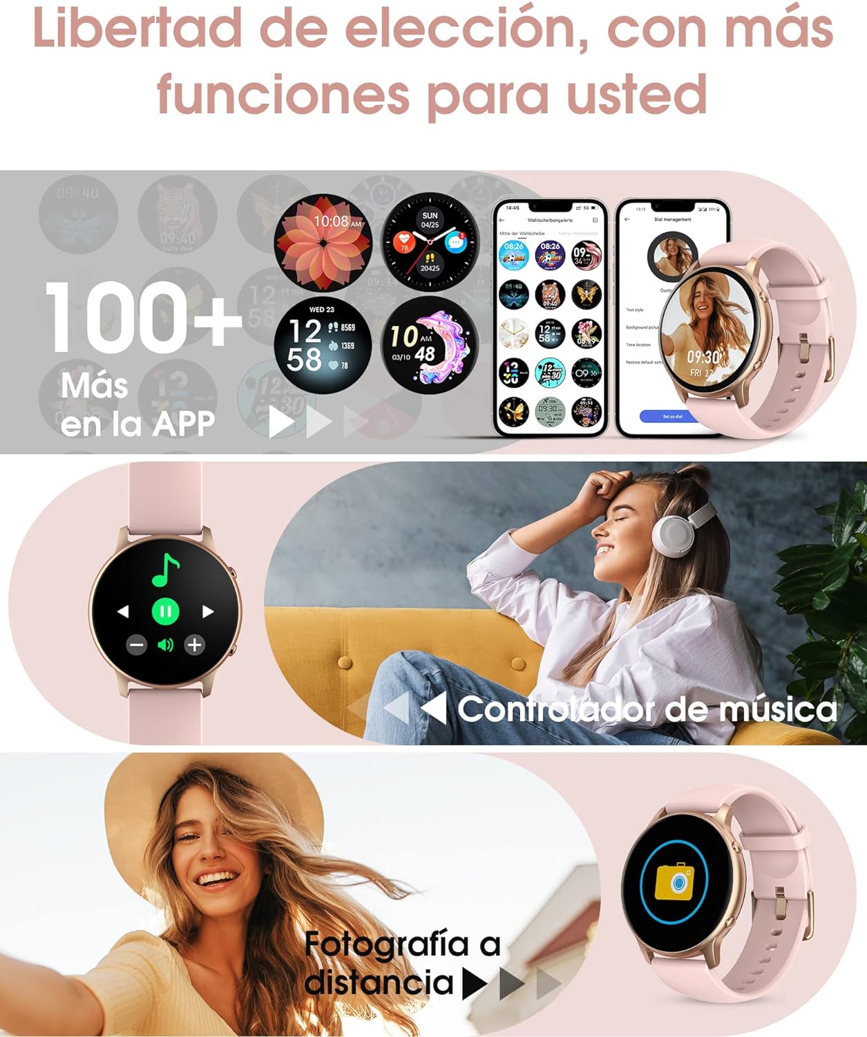 Reloj Inteligente Mujer, IP68 Impermeable Smartwatch Mujer, 1,3" Pantalla Táctil Reloj Deportivo Mujer, con Oxímetro, DIY Esfera Reloj, Monitor Sueño, Podómetro, Pulsómetro para Android iOS