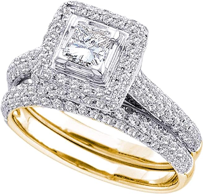 Dazzlingrock Collection Juego de anillos de boda de 1,25 quilates con halo de diamantes de princesa de 1-1/4 quilates, oro amarillo de 14 quilates
