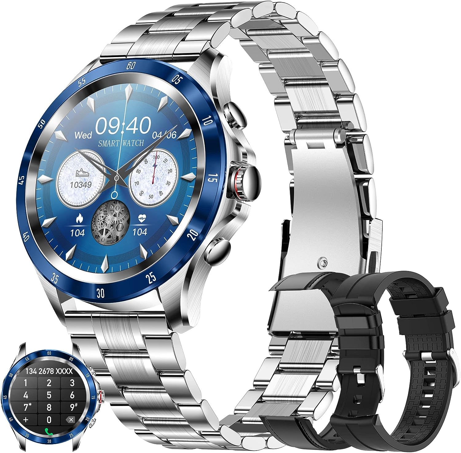 Relojes Inteligente Hombre con Llamadas, Smartwatch Pulsómetro Presión, Monito de Sueño, SpO2, Podómetro Arterial Pulsera Actividad Inteligente Deportivo Reloj para Android y iOS(Plata Azul)