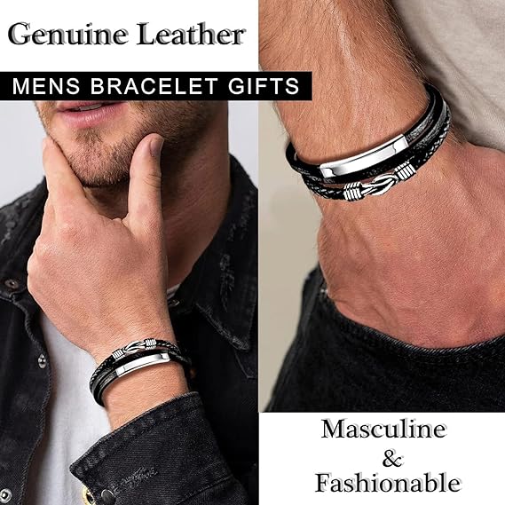Gkmamrg Bracelet en cuir noir pour homme, bracelet en cuir véritable tressé, large bracelet à visser avec fermoir magnétique (bracelet en cuir avec maillons supplémentaires)