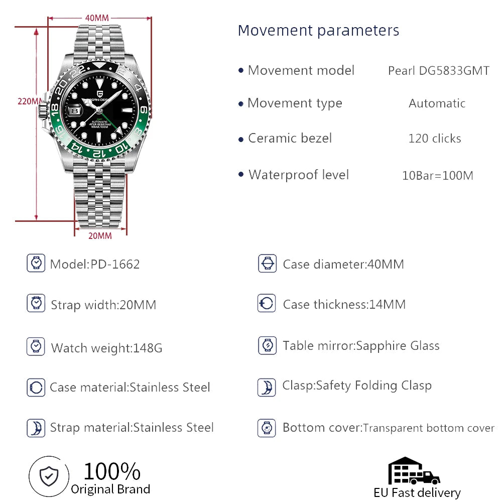 PAGANI DESIGN-Reloj de pulsera mecánico de lujo para hombre, cronógrafo automático de acero inoxidable con cristal de zafiro, resistente al agua hasta 100M, GMT, PD-1662