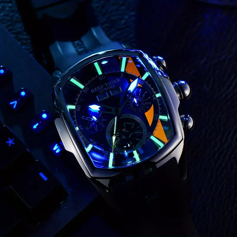 Reloj Deportivo Para Hombres De Reef Tiger, Esfera Azul Con Visualización Analógica Y Correa De Goma Luminosa