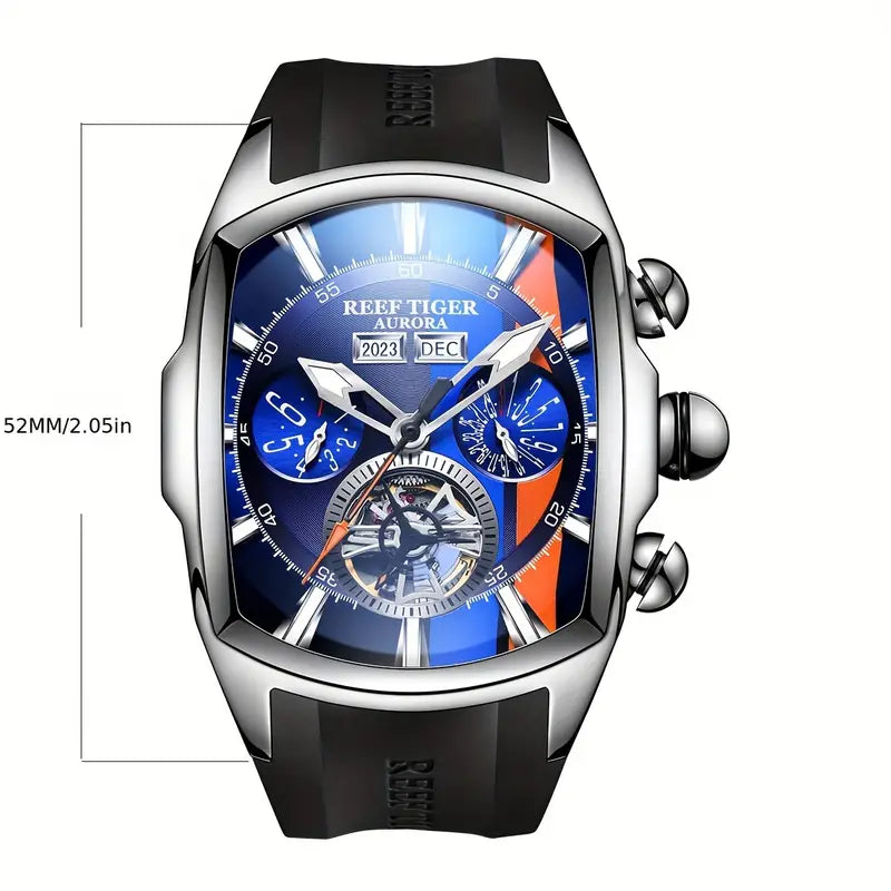 Reloj Deportivo Para Hombres De Reef Tiger, Esfera Azul Con Visualización Analógica Y Correa De Goma Luminosa