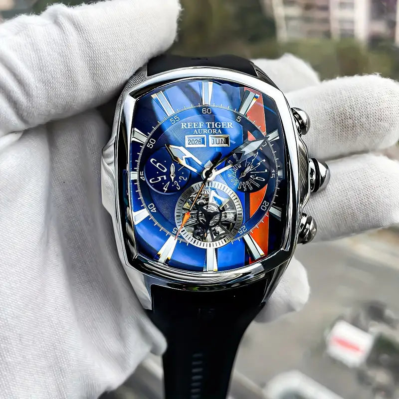 Reloj Deportivo Para Hombres De Reef Tiger, Esfera Azul Con Visualización Analógica Y Correa De Goma Luminosa