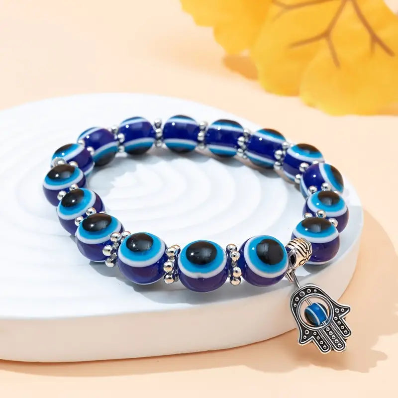 Pulsera de cuentas de ojo malvado azul con dije de mano, estilo bohemio, joyería elástica ajustable para protección y buena suerte.